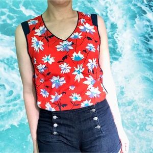 Dalia Coral Floral Sleeveless Office Smock with Navy Trim, Size XS